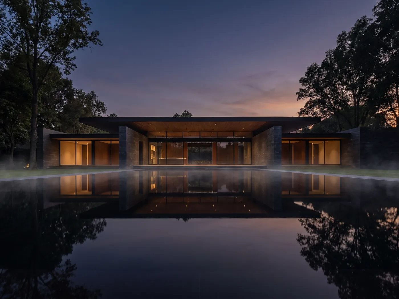 Residencia contemporánea con espejo de agua al atardecer