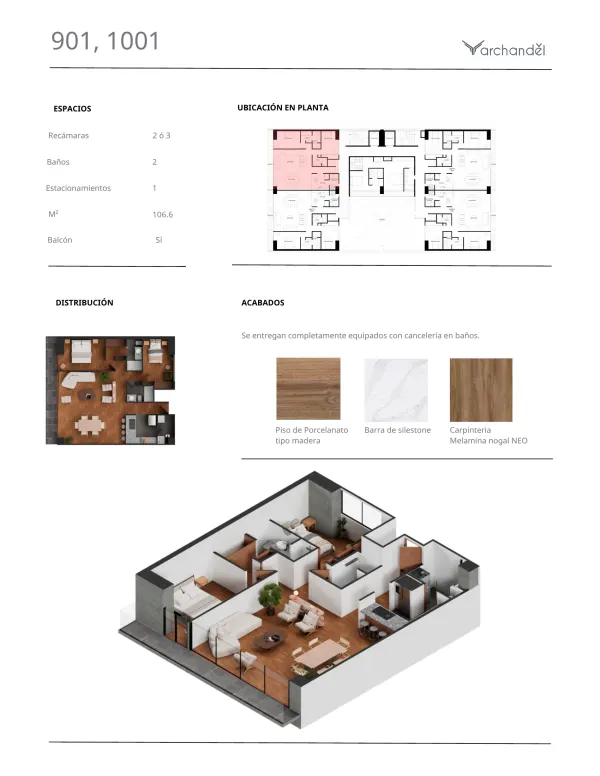 Archandel Morena 312 — Departamentos 901 y 1001 · 2 o 3 recámaras · 2 baños · 106.6 m²