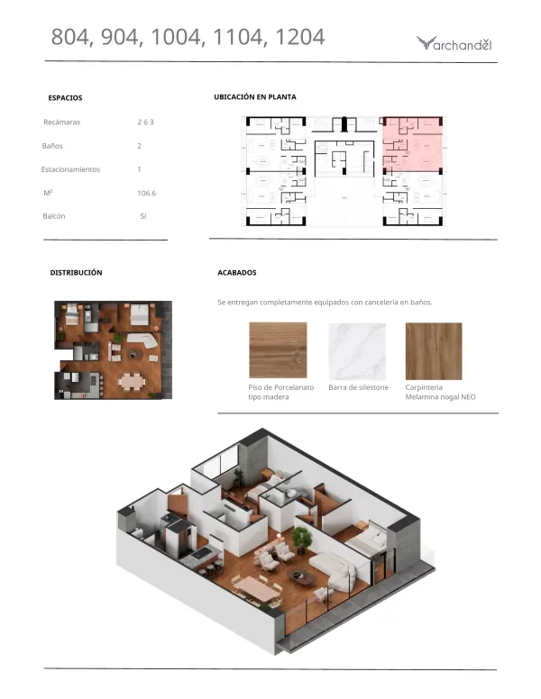 Archandel Morena 312 — Departamentos 804, 904, 1004, 1104 y 1204 · 2 o 3 recámaras · 2 baños · 106.6 m²