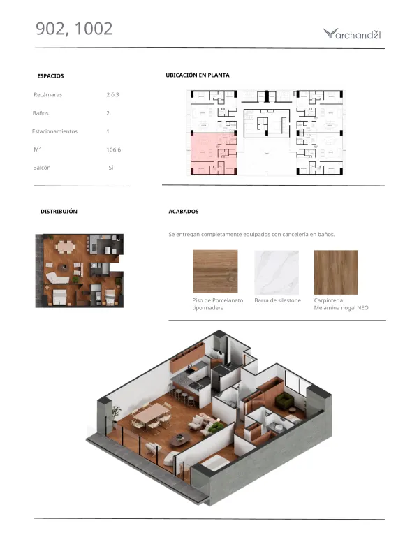 Archandel Morena 312 — Departamentos 902 y 1002 · 2 o 3 recámaras · 2 baños · 106.6 m²
