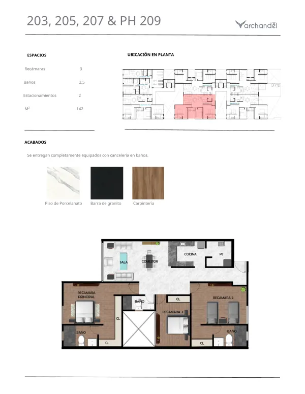 Archandel del Bosque — Departamentos 203, 205, 207 y PH 209 · 3 recámaras · 2.5 baños · 142 m²