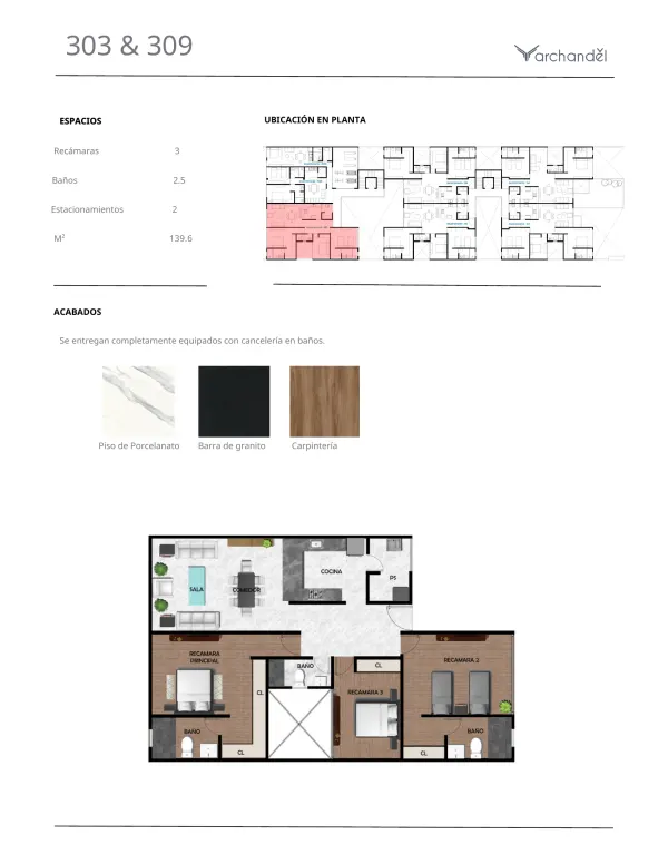 Archandel del Bosque — Departamentos 303 y 309 · 3 recámaras · 2.5 baños · 139.6 m²