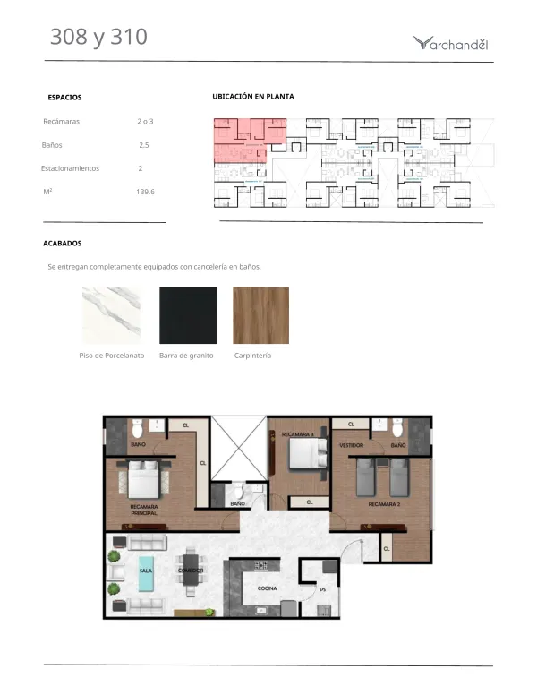 Archandel del Bosque — Departamentos 308 y 310 · 2 o 3 recámaras · 2.5 baños · 139.6 m²