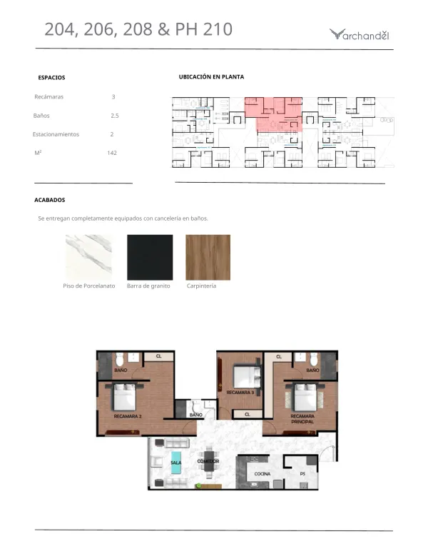 Archandel del Bosque — Departamentos 204, 206, 208 y PH 210 · 3 recámaras · 2.5 baños · 142 m²