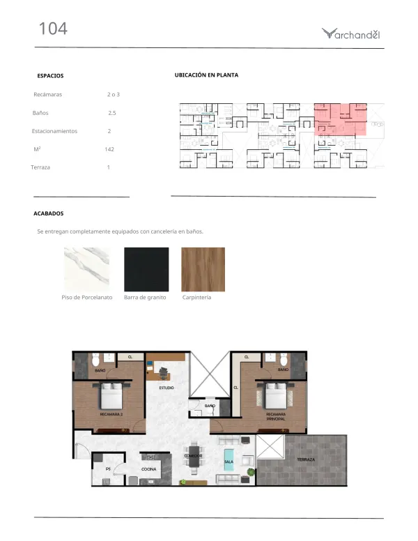 Archandel del Bosque — Departamento 104 · 2 o 3 recámaras · 2.5 baños · 142 m²